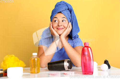 Image of Portrait of young caucasian woman in her beauty day and skin care routine