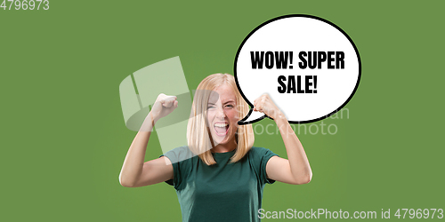Image of Sales concept, portrait of woman with speech bubble on studio background, copyspace