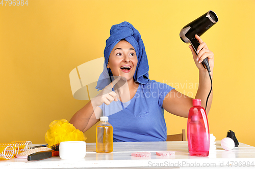 Image of Portrait of young caucasian woman in her beauty day and skin care routine