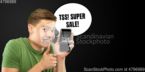 Image of Sales concept, portrait of man with speech bubble on studio background, copyspace