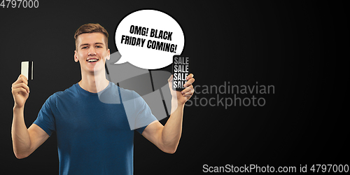 Image of Sales concept, portrait of man with speech bubble on studio background, copyspace