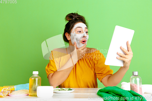 Image of Portrait of young caucasian woman in her beauty day and skin care routine