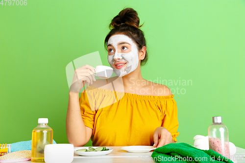 Image of Portrait of young caucasian woman in her beauty day and skin care routine