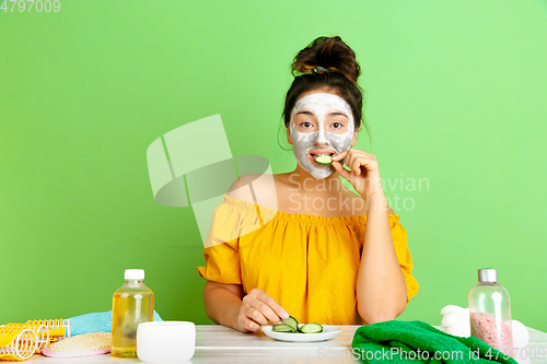 Image of Portrait of young caucasian woman in her beauty day and skin care routine