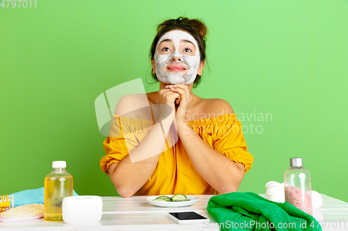 Image of Portrait of young caucasian woman in her beauty day and skin care routine