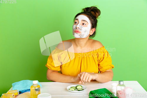 Image of Portrait of young caucasian woman in her beauty day and skin care routine