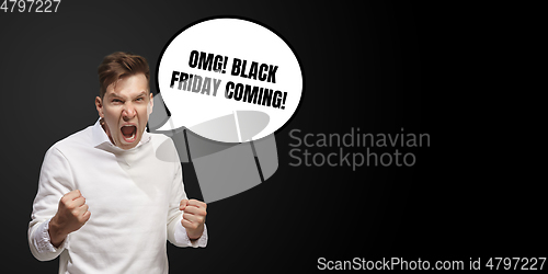 Image of Sales concept, portrait of man with speech bubble on studio background, copyspace