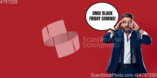 Image of Sales concept, portrait of man with speech bubble on studio background, copyspace