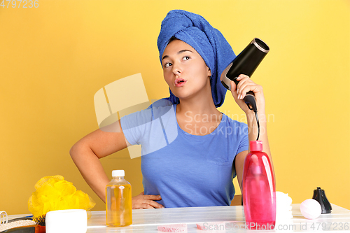 Image of Portrait of young caucasian woman in her beauty day and skin care routine