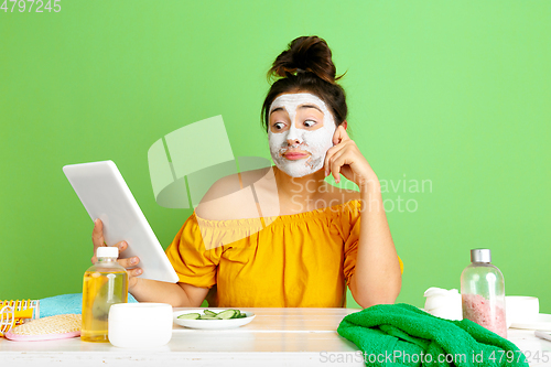 Image of Portrait of young caucasian woman in her beauty day and skin care routine