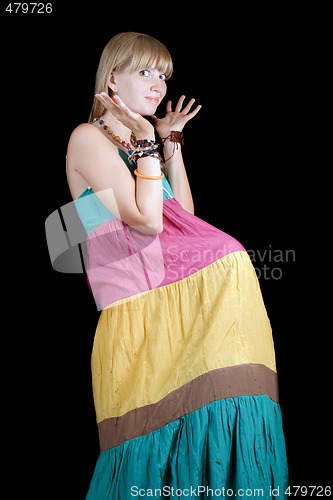 Image of The young beauty woman in a dress. Isolated. Funny picture