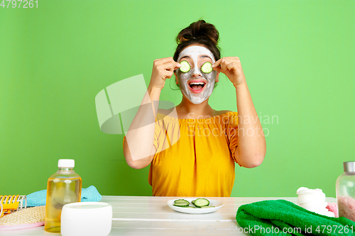 Image of Portrait of young caucasian woman in her beauty day and skin care routine