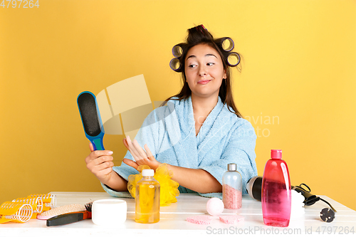 Image of Portrait of young caucasian woman in her beauty day and skin care routine