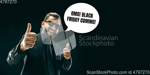 Image of Sales concept, portrait of man with speech bubble on studio background, copyspace