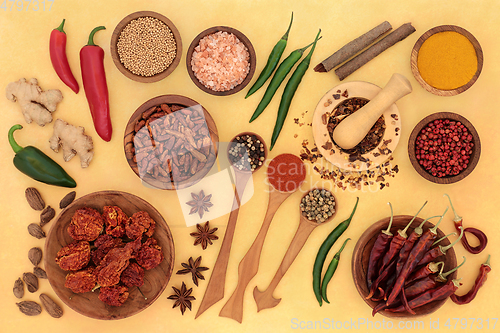 Image of Fresh and Dried Herb and Spice Collection in Spoons and Bowls