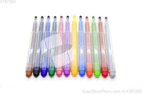 Image of Open multicolored markers on a white background