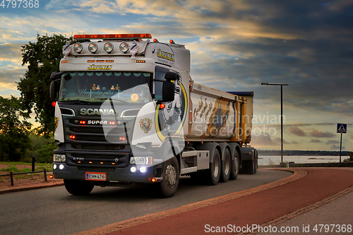 Image of Scania R730 Pulling Gravel Trailer in the Morning