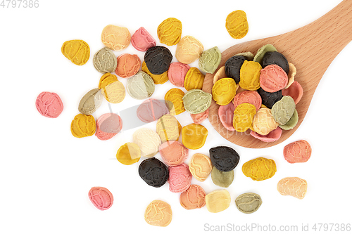 Image of Italian Rainbow Pasta in a Wooden Spoon