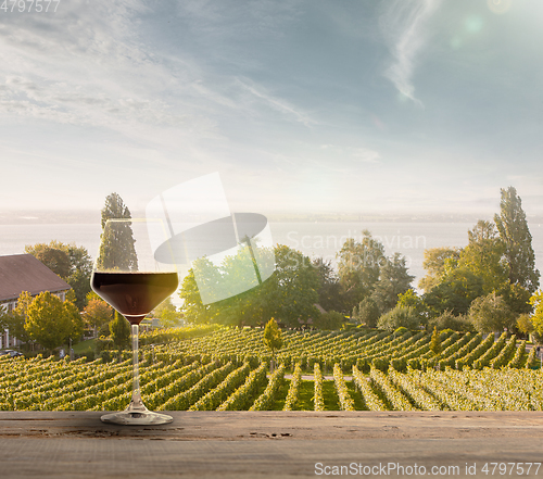 Image of Glass of wine on wooden rail with country rural scene in background