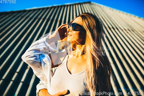 Image of Tanned young caucasian couple, modern lovestory in film grain effect