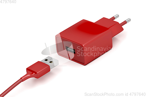 Image of Red power adapter and USB cable