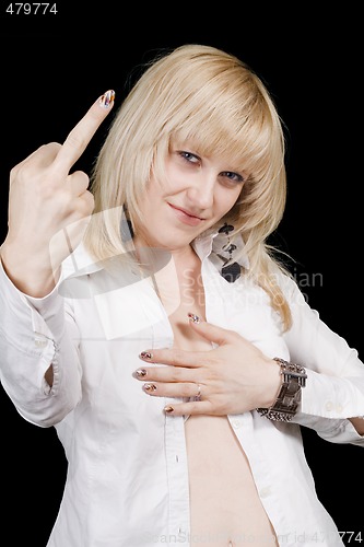 Image of The young beautiful blonde, showing a middle finger