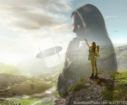 Image of Silhouette of businesswoman with landscapes on background, double exposure.