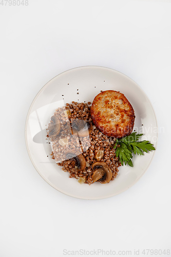 Image of Boiled Buckwheat, Mushrooms, Greenery And Meat