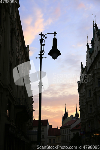 Image of Traditional vintage street lamp and architecture of Prague 