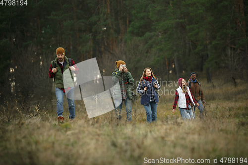 Image of Group of friends on a camping or hiking trip in autumn day