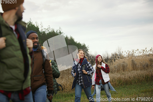 Image of Group of friends on a camping or hiking trip in autumn day