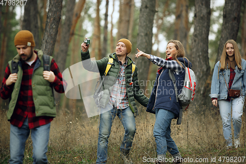 Image of Group of friends on a camping or hiking trip in autumn day