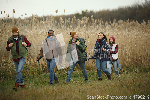 Image of Group of friends on a camping or hiking trip in autumn day