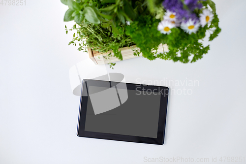 Image of tablet computer with herbs and flowers in box