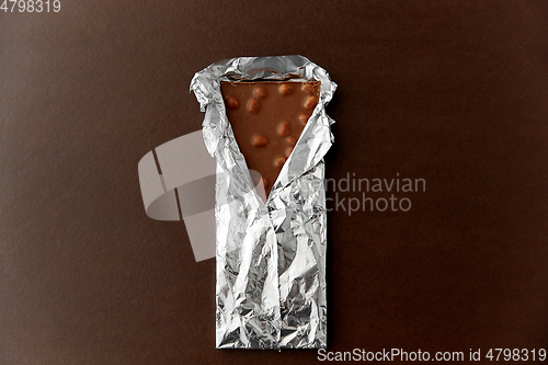 Image of milk chocolate bar with nuts in foil wrapper