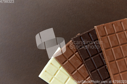 Image of different kinds of chocolate on brown background