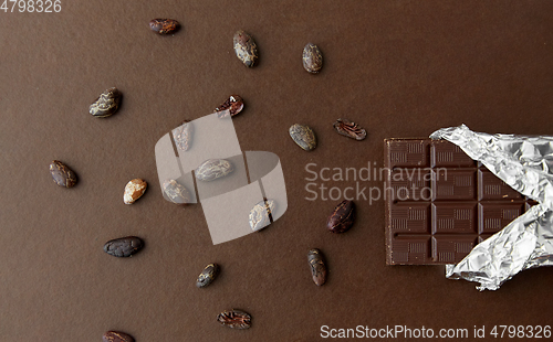 Image of dark chocolate bar in foil wrapper and cocoa beans