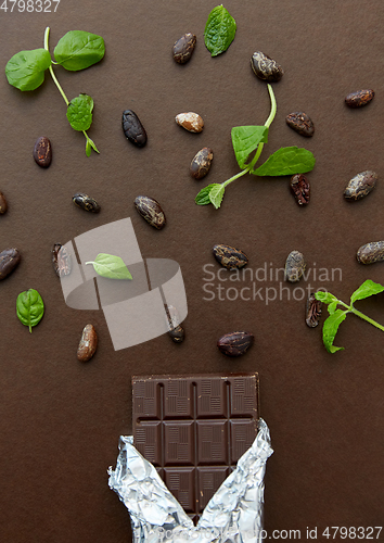 Image of dark chocolate bar with peppermint and cocoa beans