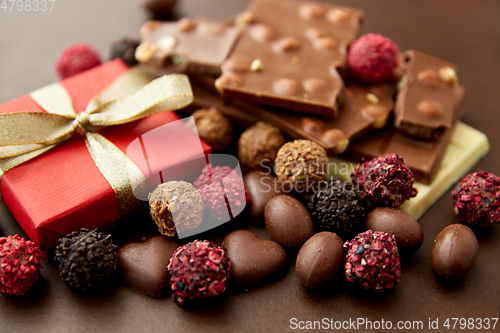 Image of close up of different chocolates, candies and gift