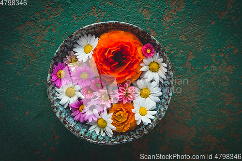 Image of Variation of flowers in bowl on green background