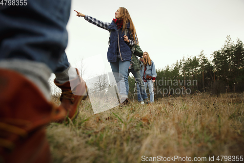 Image of Group of friends on a camping or hiking trip in autumn day