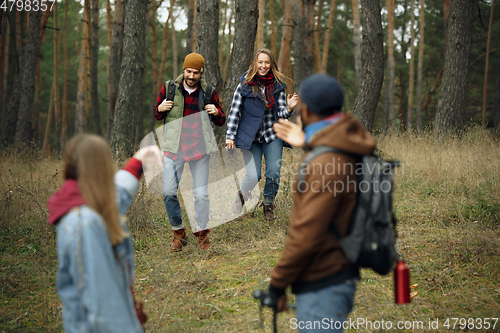 Image of Group of friends on a camping or hiking trip in autumn day