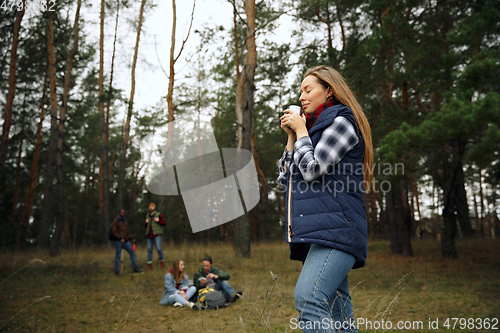 Image of Group of friends on a camping or hiking trip in autumn day