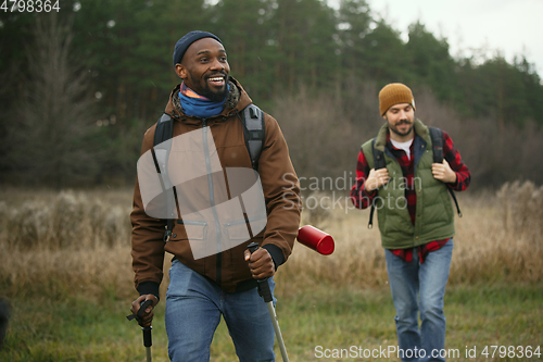 Image of Group of friends on a camping or hiking trip in autumn day