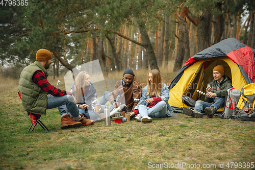 Image of Group of friends on a camping or hiking trip in autumn day