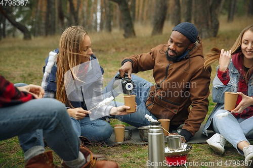 Image of Group of friends on a camping or hiking trip in autumn day