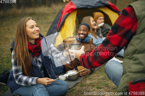 Image of Group of friends on a camping or hiking trip in autumn day