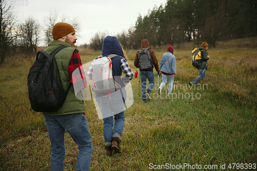 Image of Group of friends on a camping or hiking trip in autumn day