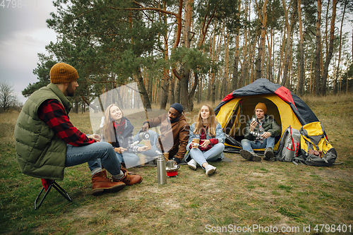 Image of Group of friends on a camping or hiking trip in autumn day