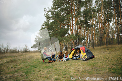 Image of Group of friends on a camping or hiking trip in autumn day